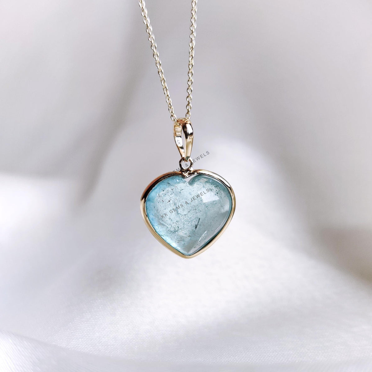 14K Solid Yellow Gold Natural Aquamarine Heart Pendant - March Birthstone