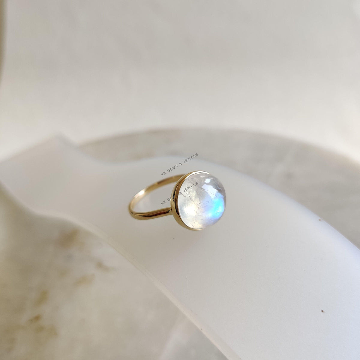 14K Solid Gold Natural Rainbow Moonstone Ring, Round Cabochon, June Birthstone