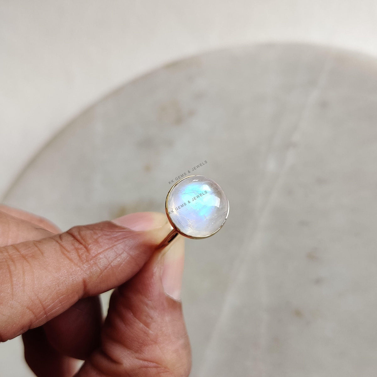 14K Solid Gold Natural Rainbow Moonstone Ring, Round Cabochon, June Birthstone