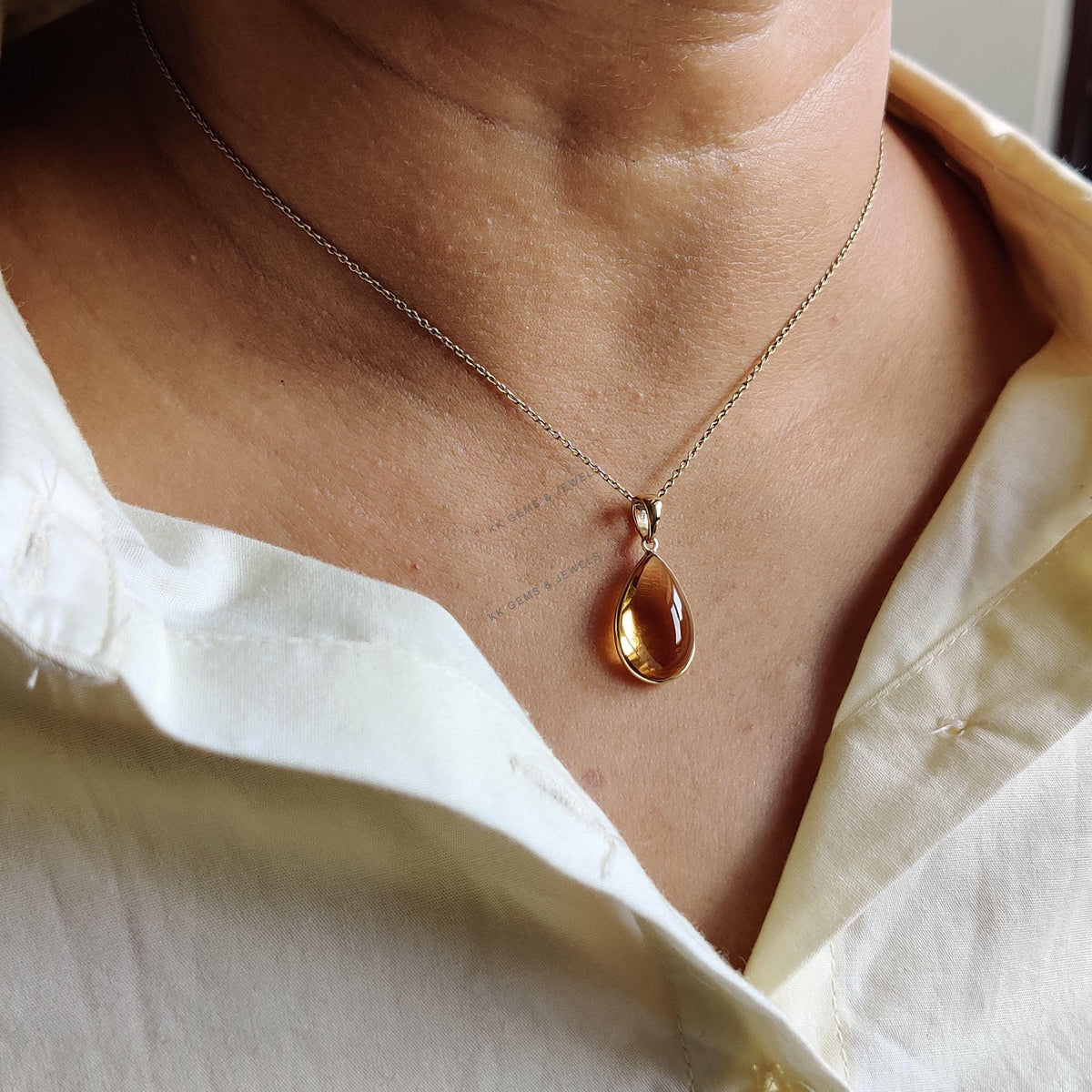 14K Solid Yellow Gold Natural Citrine Pendant: November Birthstone Bezel Jewelry