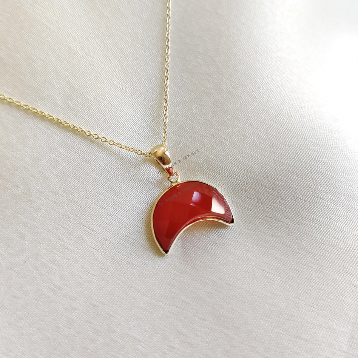 14K Solid Yellow Gold Bezel Moon Pendant, Natural Onyx Chalcedony Crecent Jewelry