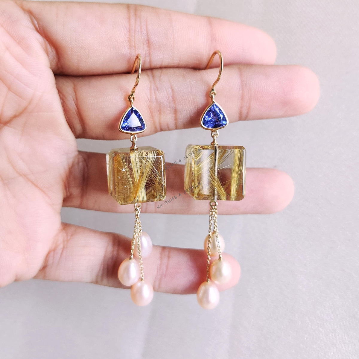 14K Solid Gold Natural Golden Rutile & Pearl and Tanzanite Dangle Earrings, Christmas Gift