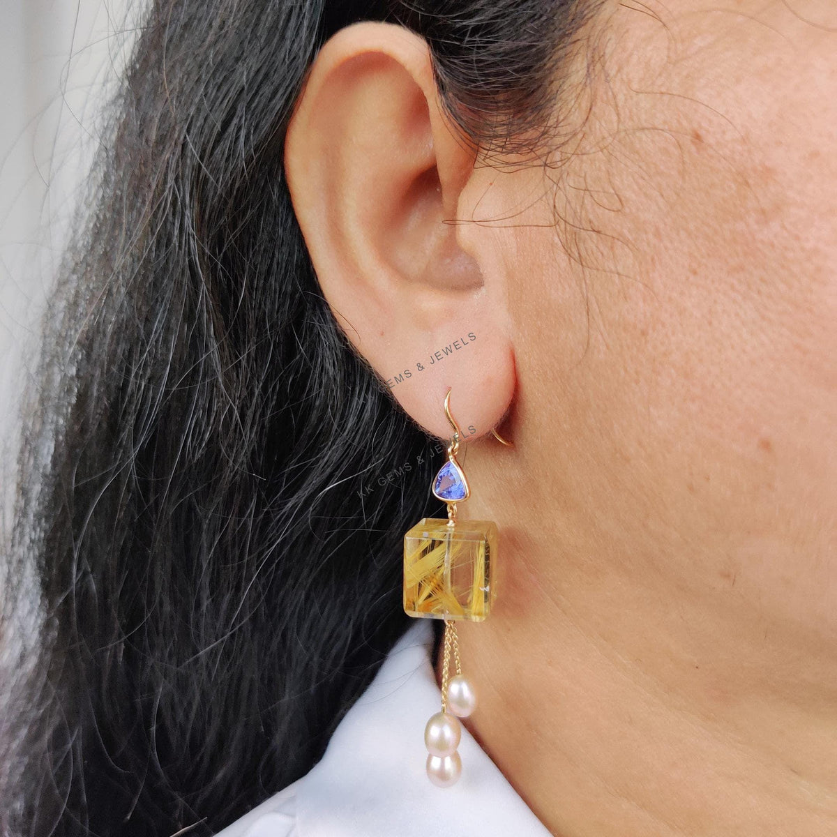 14K Solid Gold Natural Golden Rutile & Pearl and Tanzanite Dangle Earrings, Christmas Gift