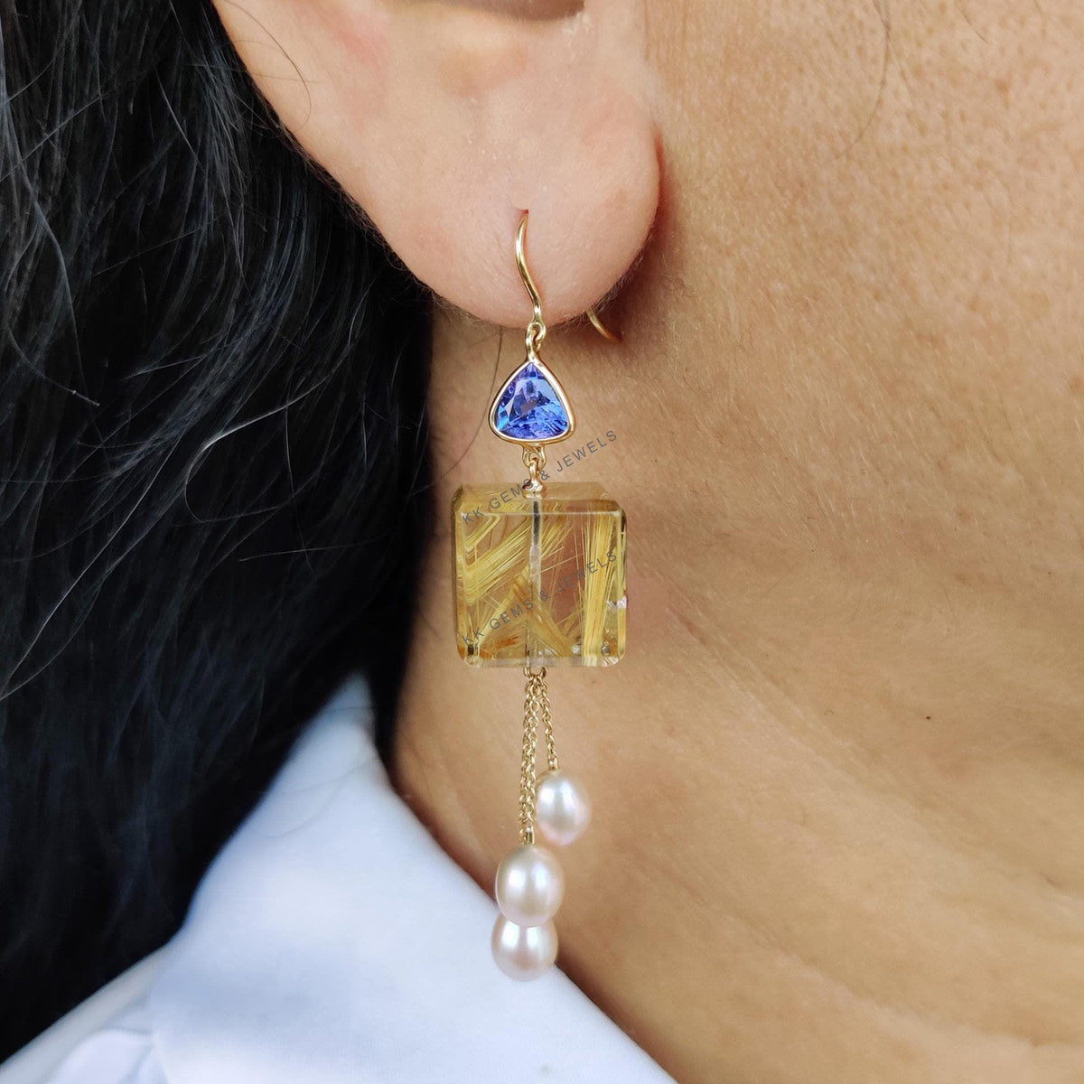 14K Solid Gold Natural Golden Rutile & Pearl and Tanzanite Dangle Earrings, Christmas Gift