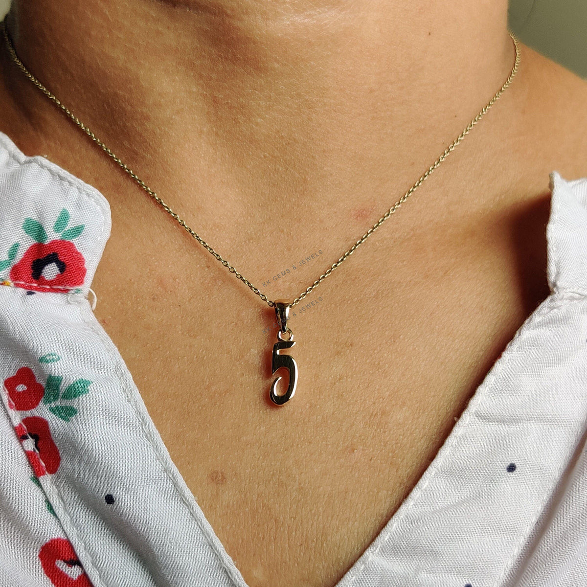 14K Solid Gold Number 5 Pendant - Dainty Charm Necklace