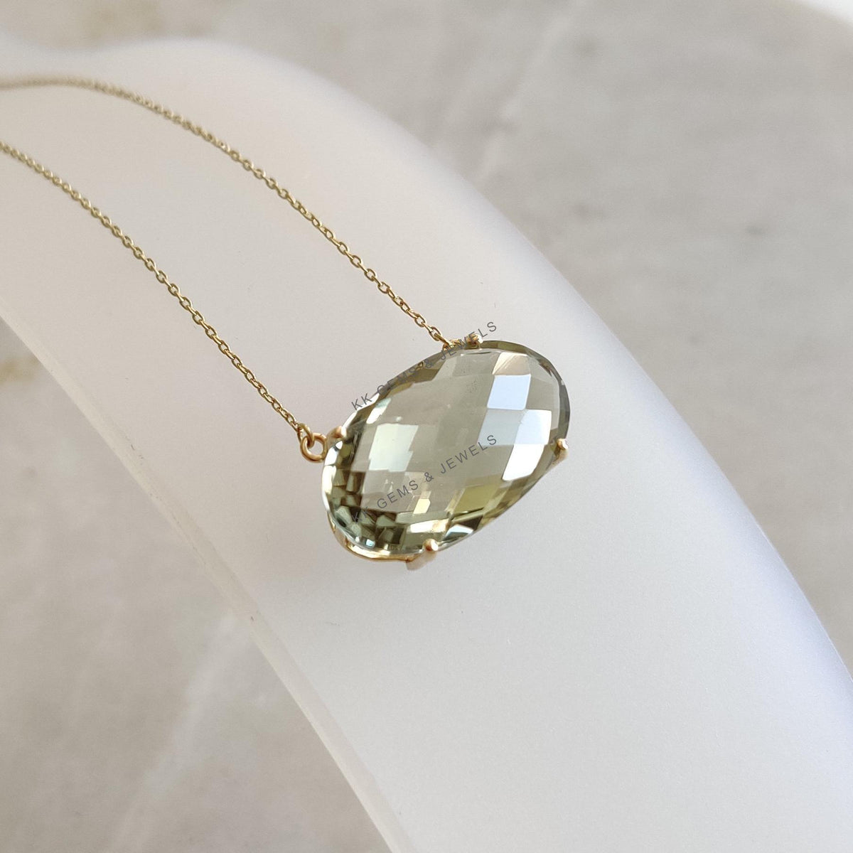 Natural Green Amethyst Chain Necklace, 14K Solid Gold, February Birthstone