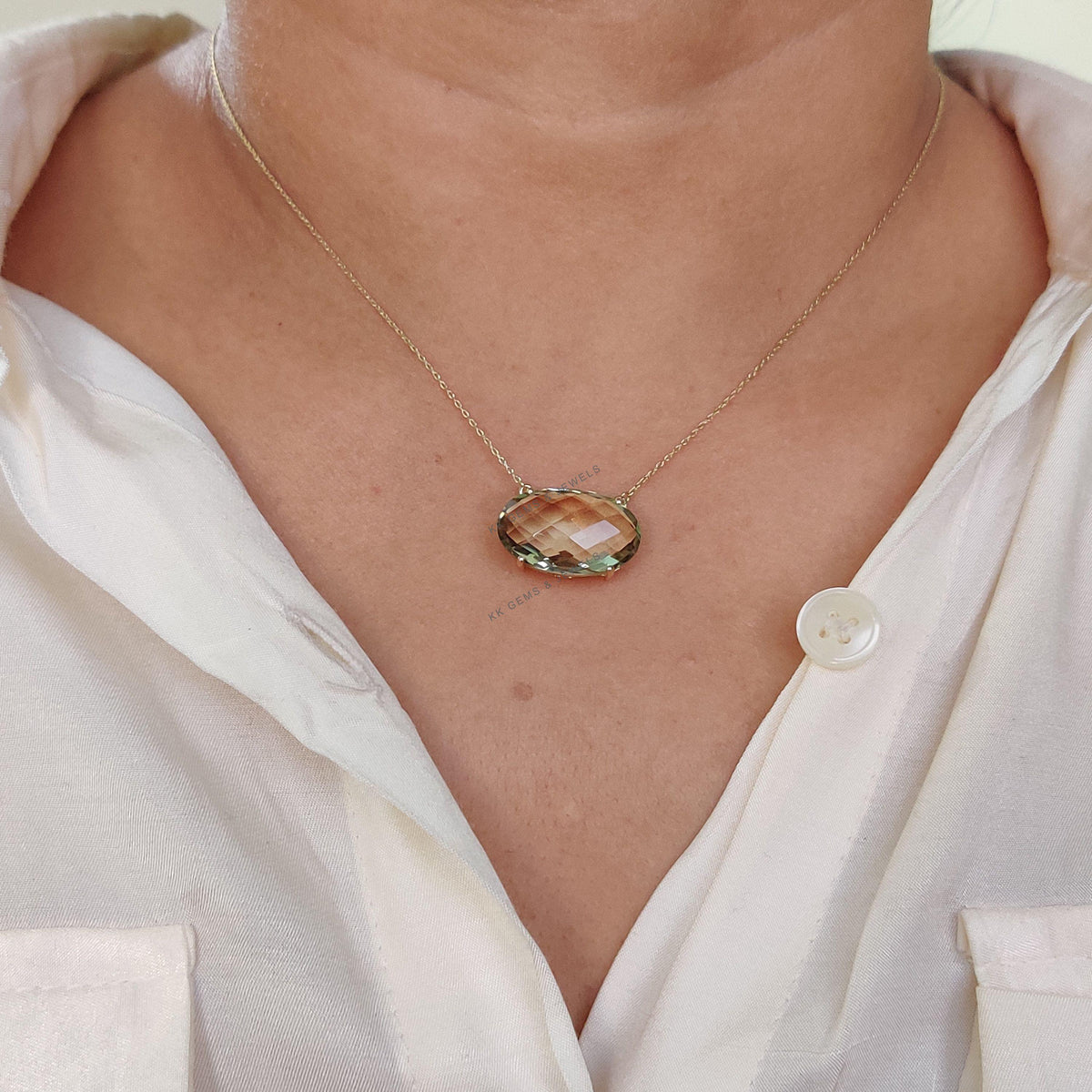 Natural Green Amethyst Chain Necklace, 14K Solid Gold, February Birthstone