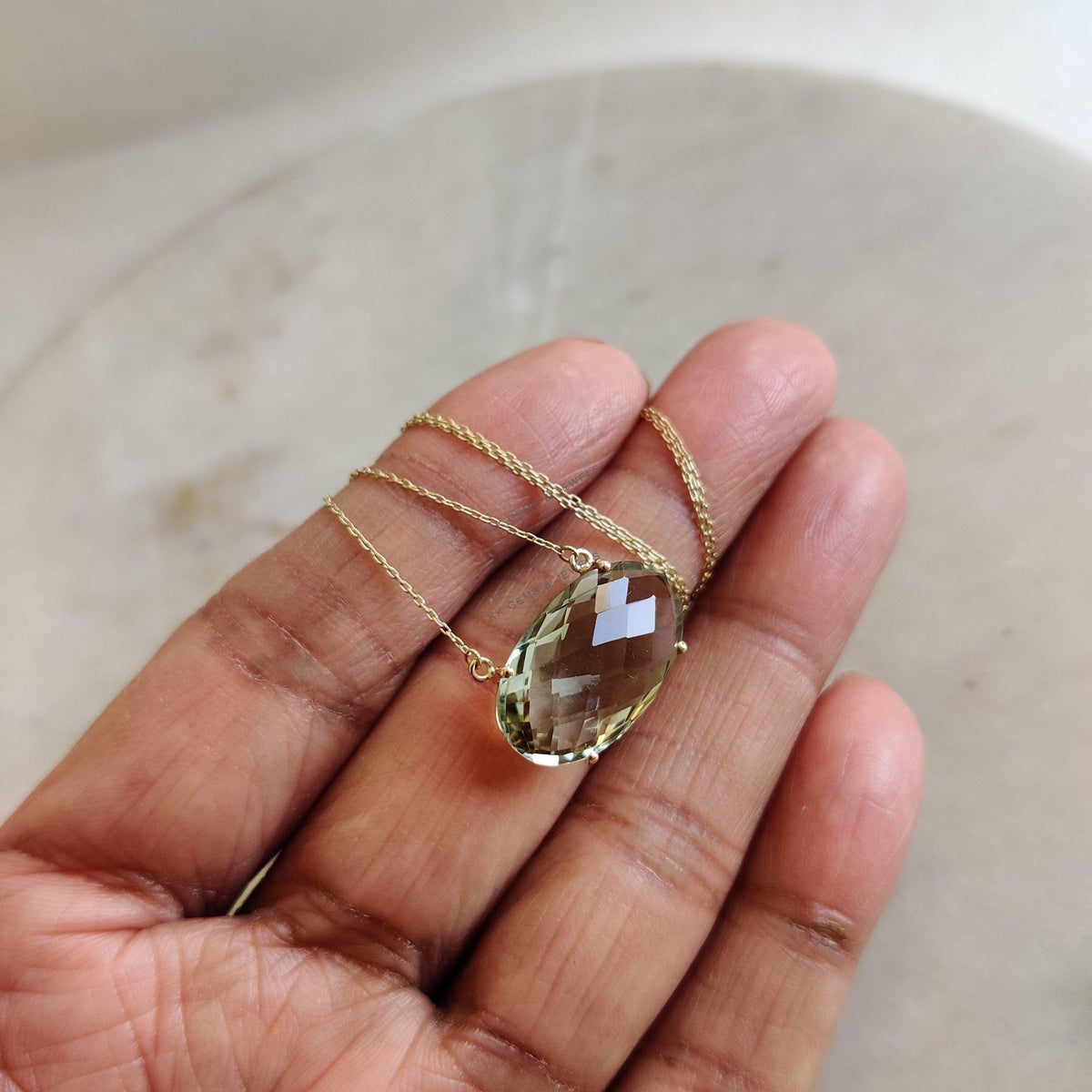 Natural Green Amethyst Chain Necklace, 14K Solid Gold, February Birthstone