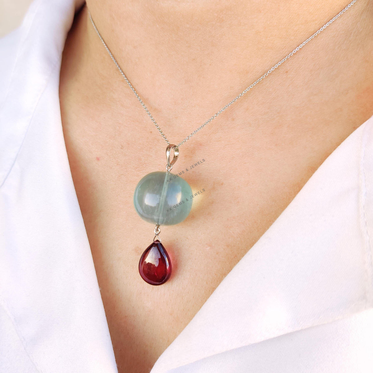 Natural Fluorite & Rhodolite Garnet Pendant, 14K Solid White Gold, January March Birthstone