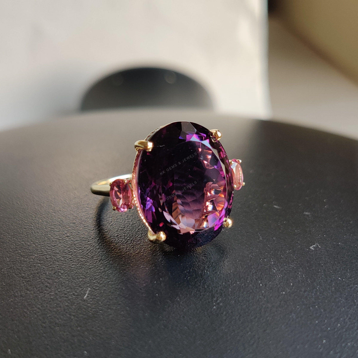 Natural Purple Amethyst & Pink Tourmaline 14K Solid Yellow Gold Cocktail Ring, February Birthstone