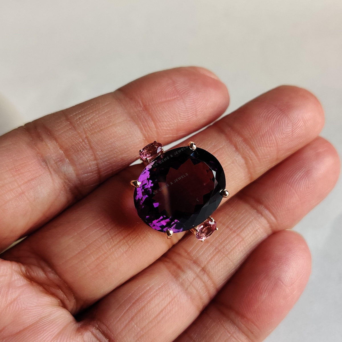 Natural Purple Amethyst & Pink Tourmaline 14K Solid Yellow Gold Cocktail Ring, February Birthstone