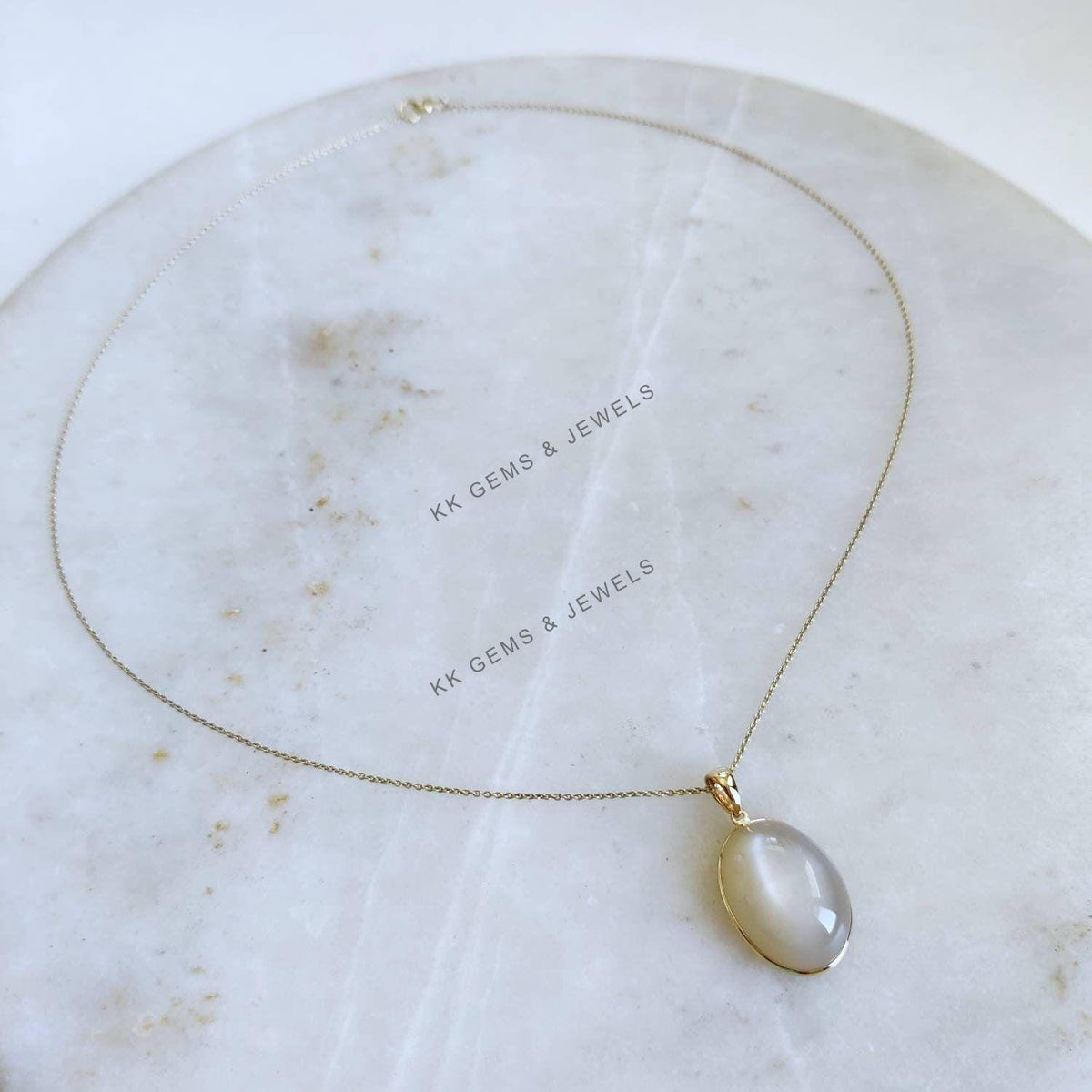 14K Solid Yellow Gold Natural White Moonstone Bezel Pendant - June Birthstone