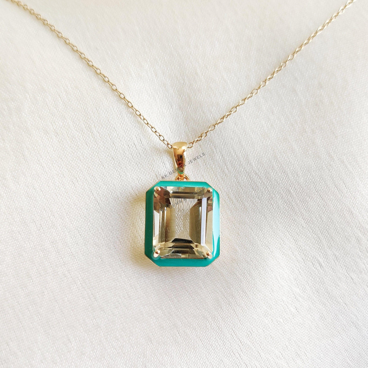 Natural Green Amethyst Enamel Pendant, 14K Solid Yellow Gold, February Birthstone
