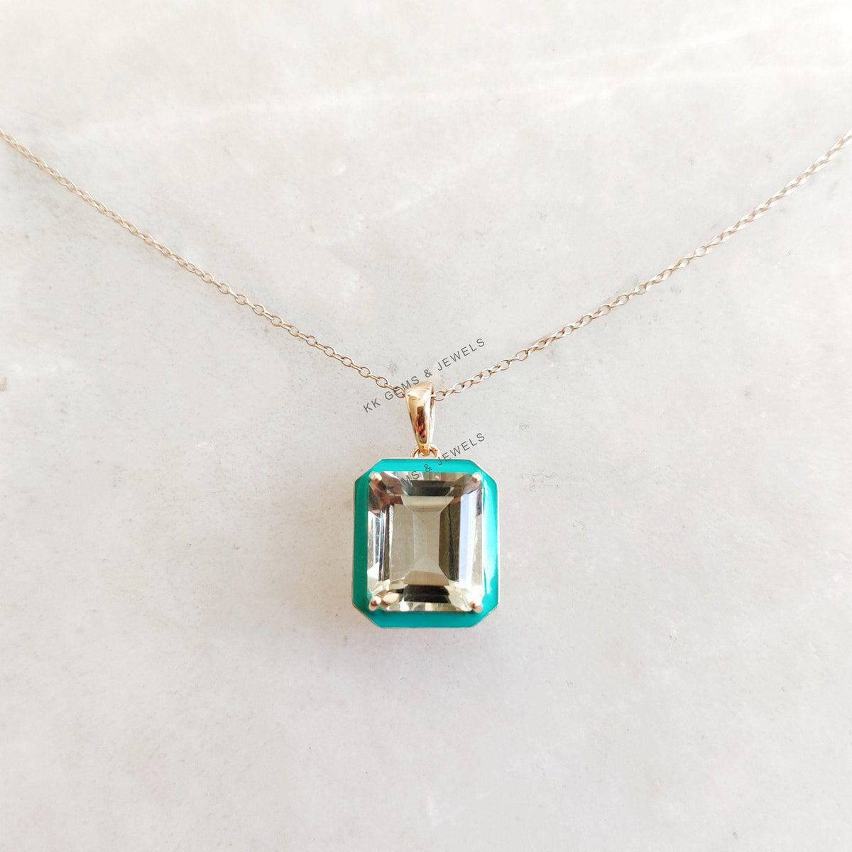 Natural Green Amethyst Enamel Pendant, 14K Solid Yellow Gold, February Birthstone