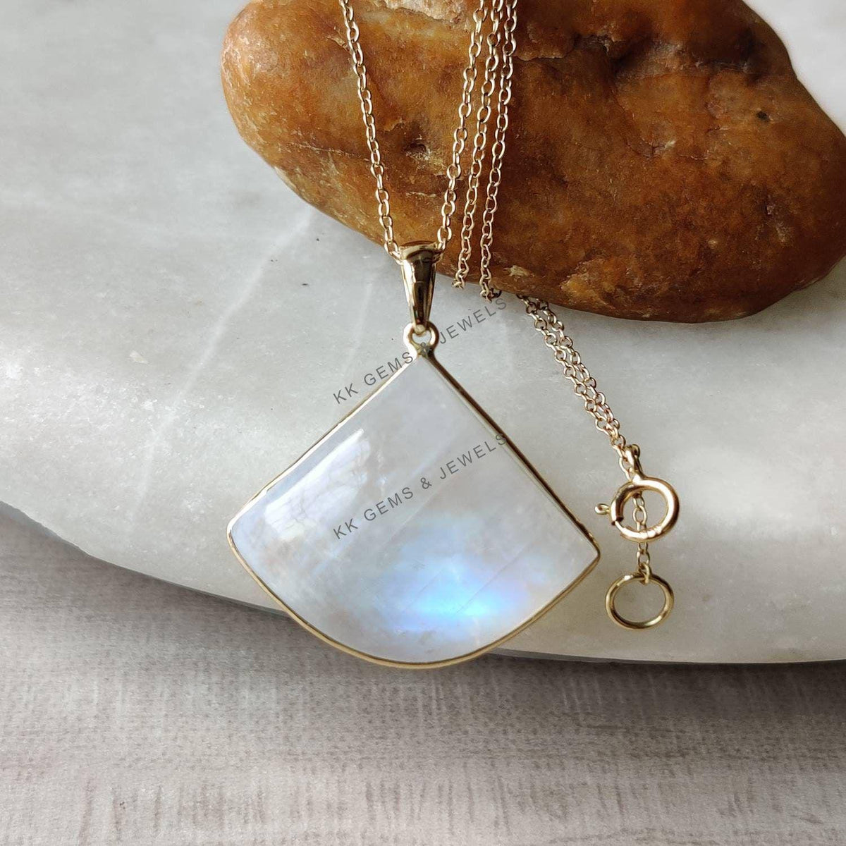 14K Solid Yellow Gold Natural Rainbow Moonstone Bezel Pendant - June Birthstone
