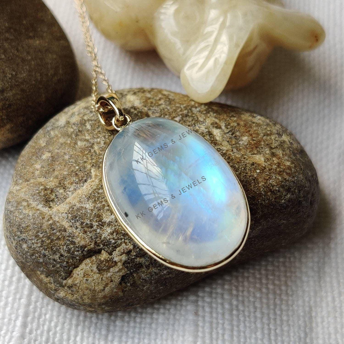 14K Solid Yellow Gold Natural Rainbow Moonstone Bezel Pendant, June Birthstone