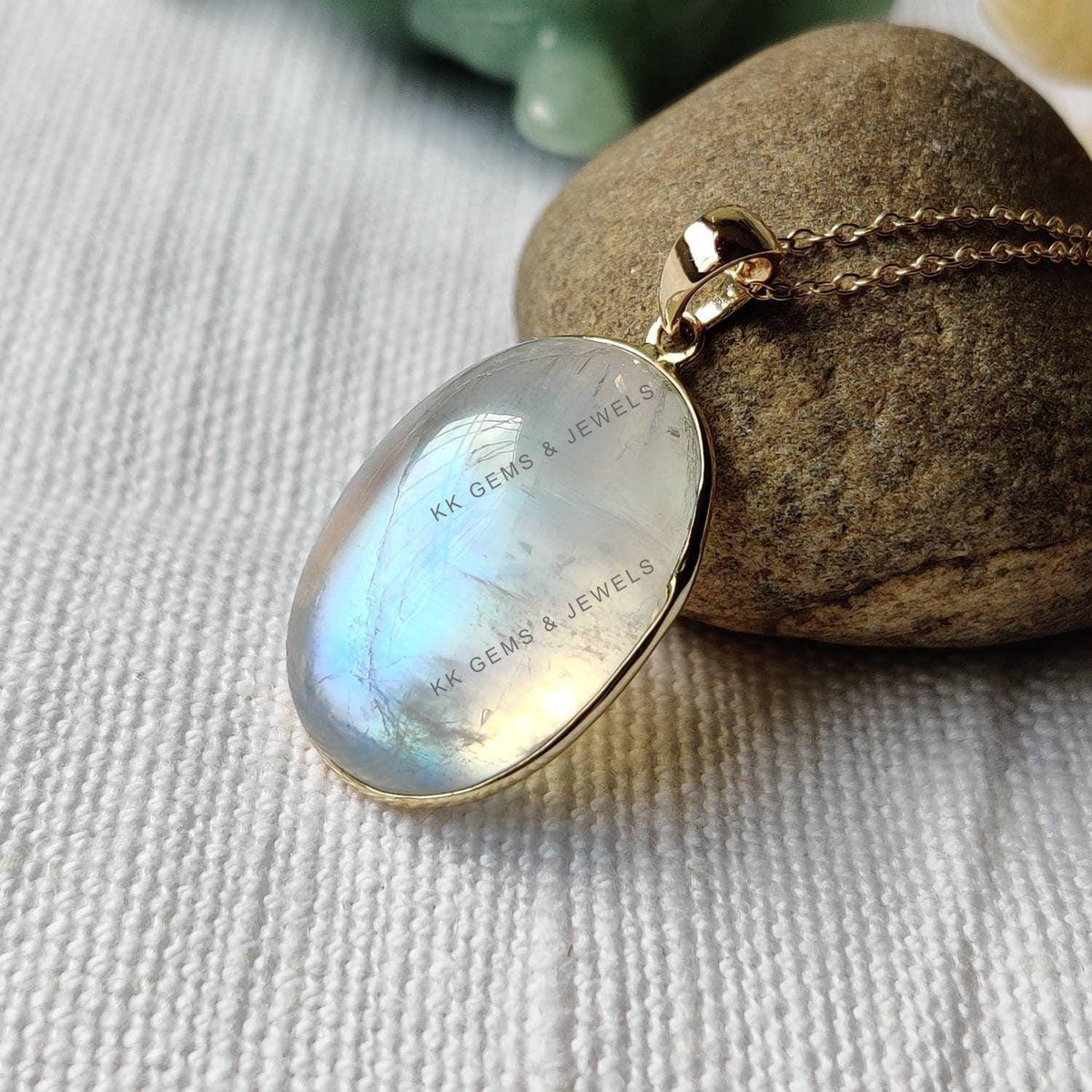 14K Solid Yellow Gold Natural Rainbow Moonstone Bezel Pendant, June Birthstone