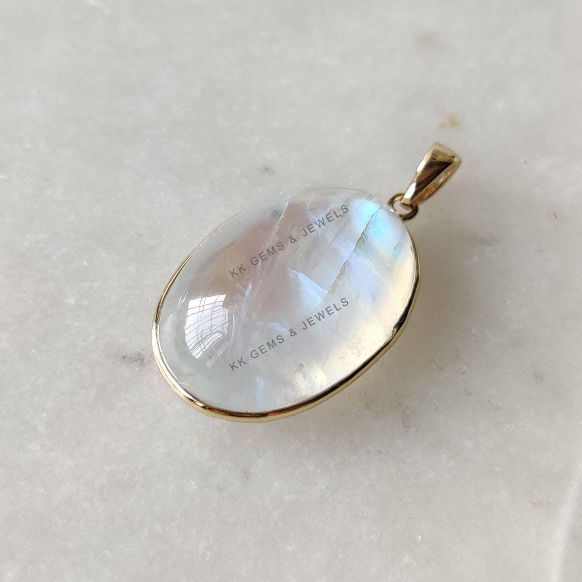 14K Solid Yellow Gold Natural Rainbow Moonstone Bezel Pendant, June Birthstone
