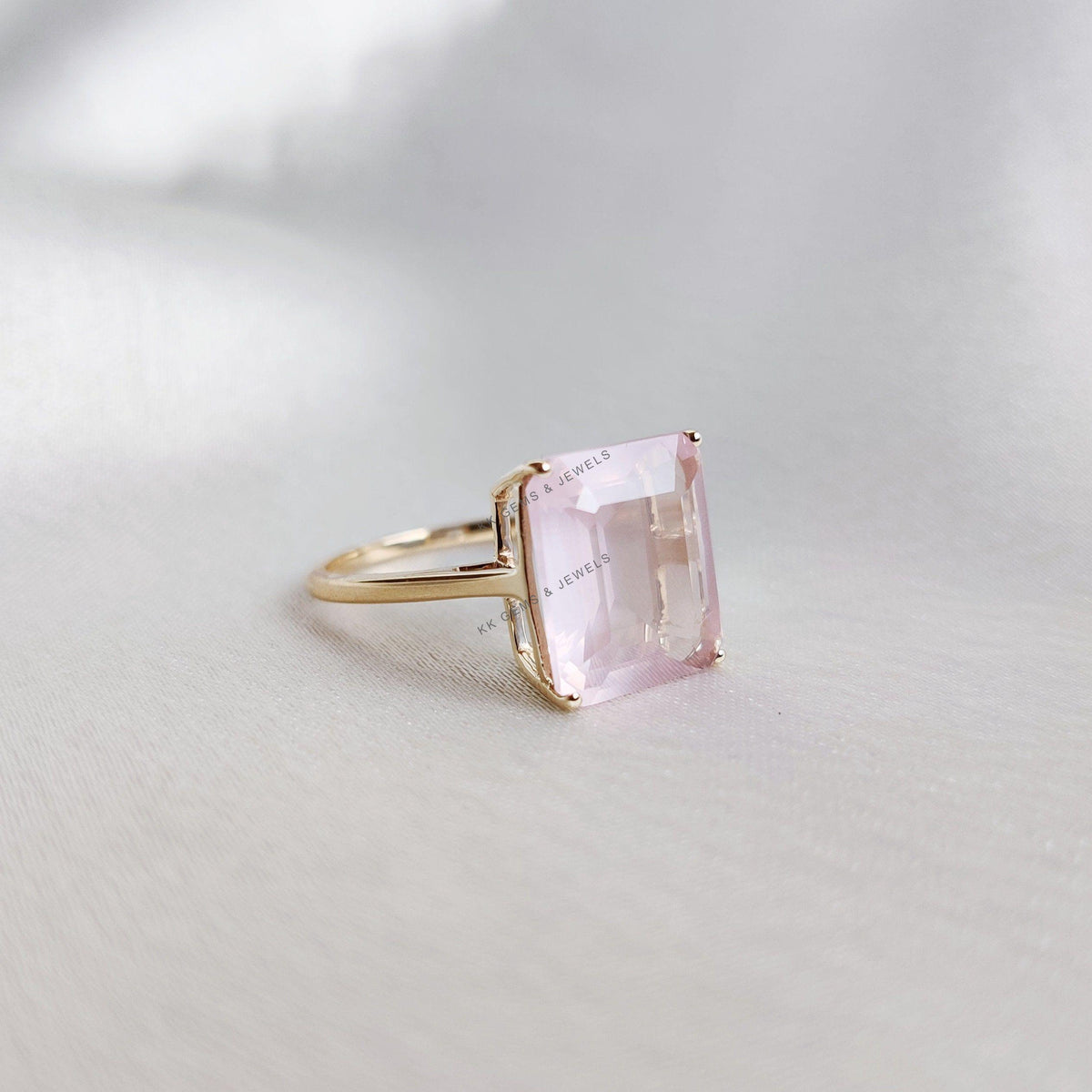 14K Solid Yellow Gold Natural Rose Quartz Ring, Octagon January Birthstone