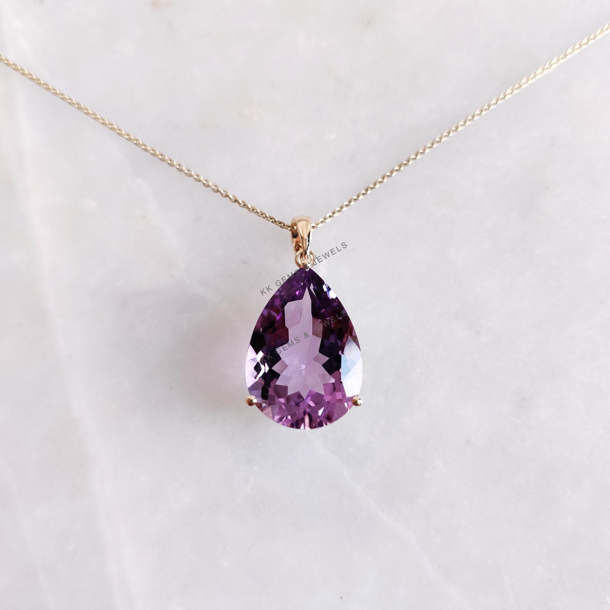 14K Solid Gold Pear Natural Purple Amethyst Pendant, February Birthstone Jewelry