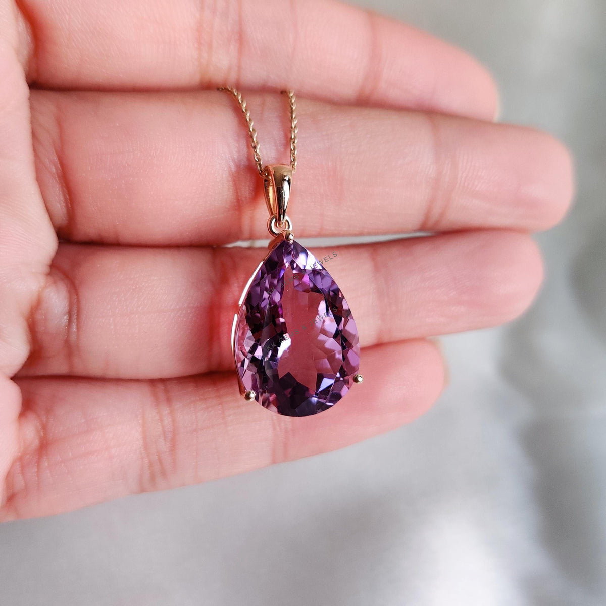 14K Solid Gold Pear Natural Purple Amethyst Pendant, February Birthstone Jewelry