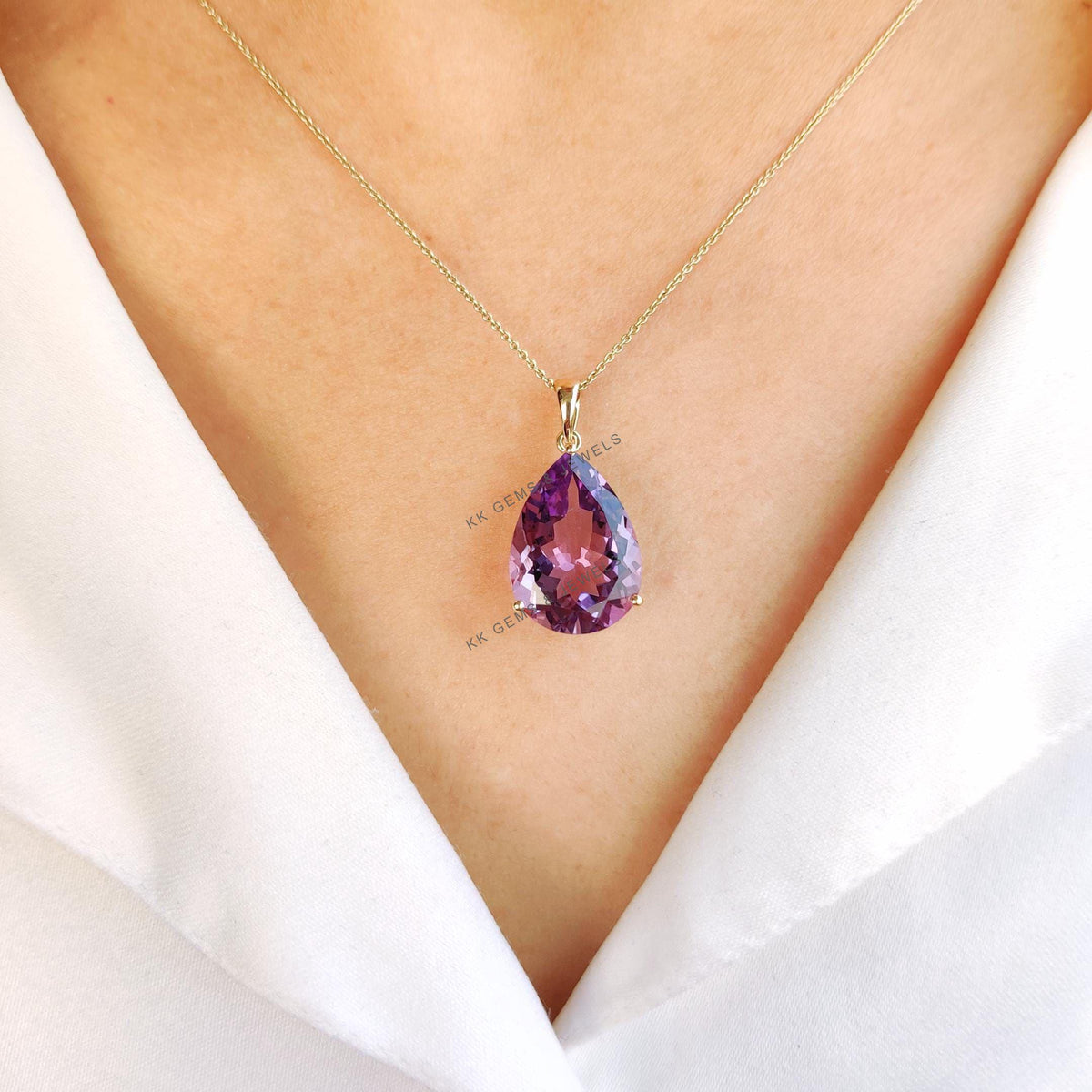 14K Solid Gold Pear Natural Purple Amethyst Pendant, February Birthstone Jewelry