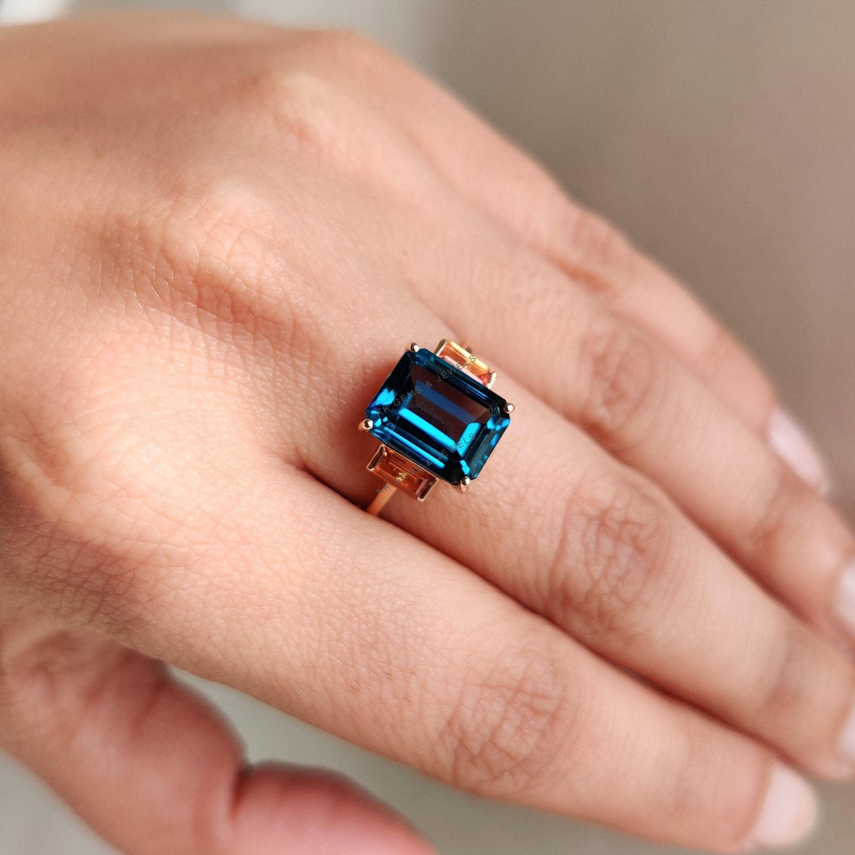 Natural London Blue Topaz & Orange Sapphire Ring, 14K Solid Yellow Gold Ring