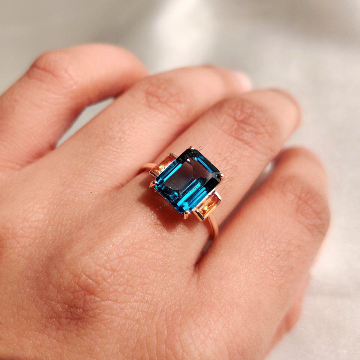Natural London Blue Topaz & Orange Sapphire Ring, 14K Solid Yellow Gold Ring