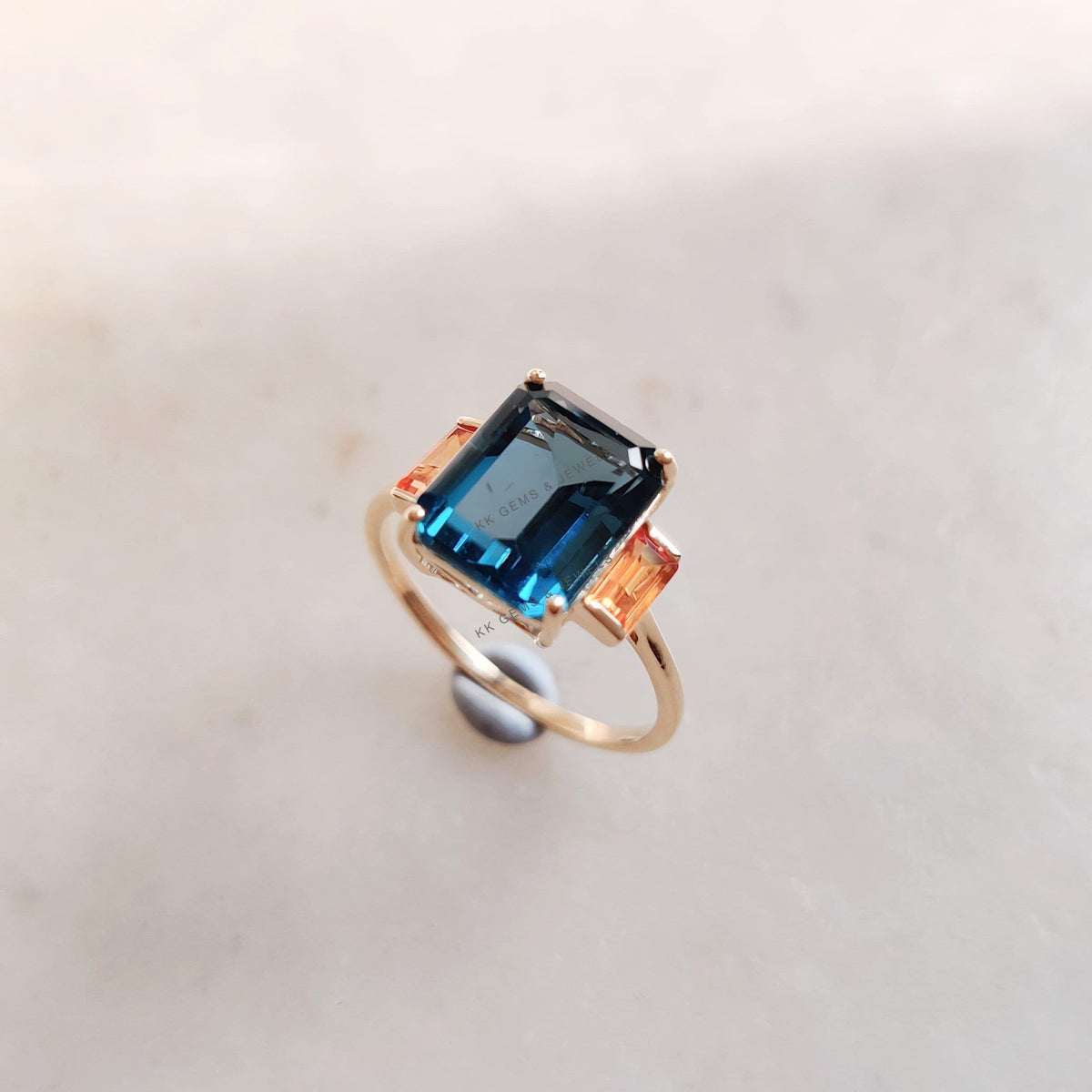 Natural London Blue Topaz & Orange Sapphire Ring, 14K Solid Yellow Gold Ring