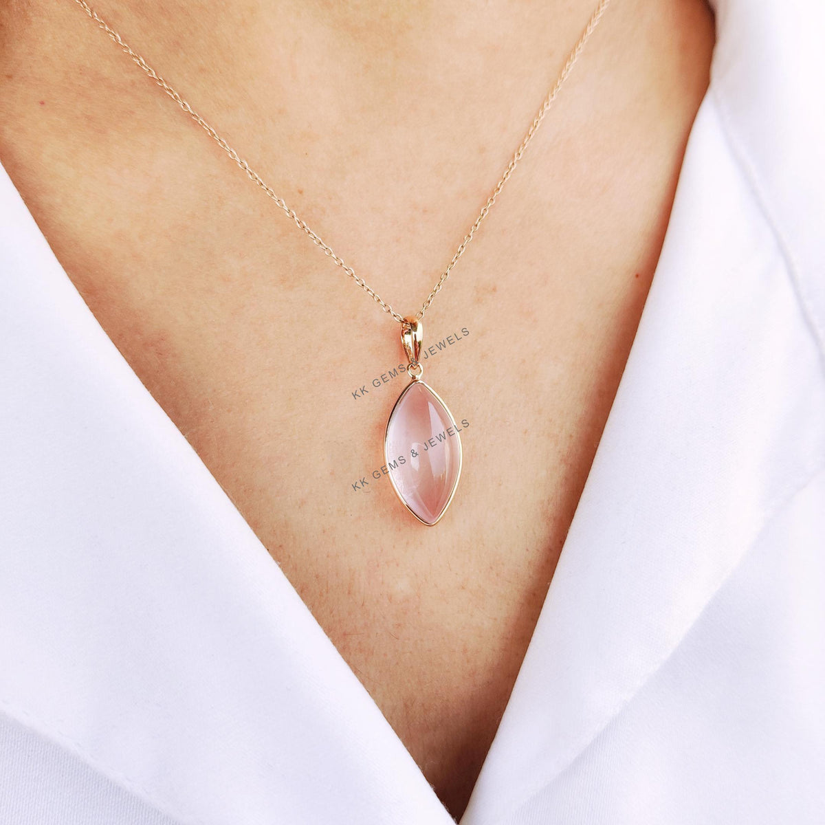 14K Solid Yellow Gold Natural Rose Quartz Marquise Pendant, January Birthstone