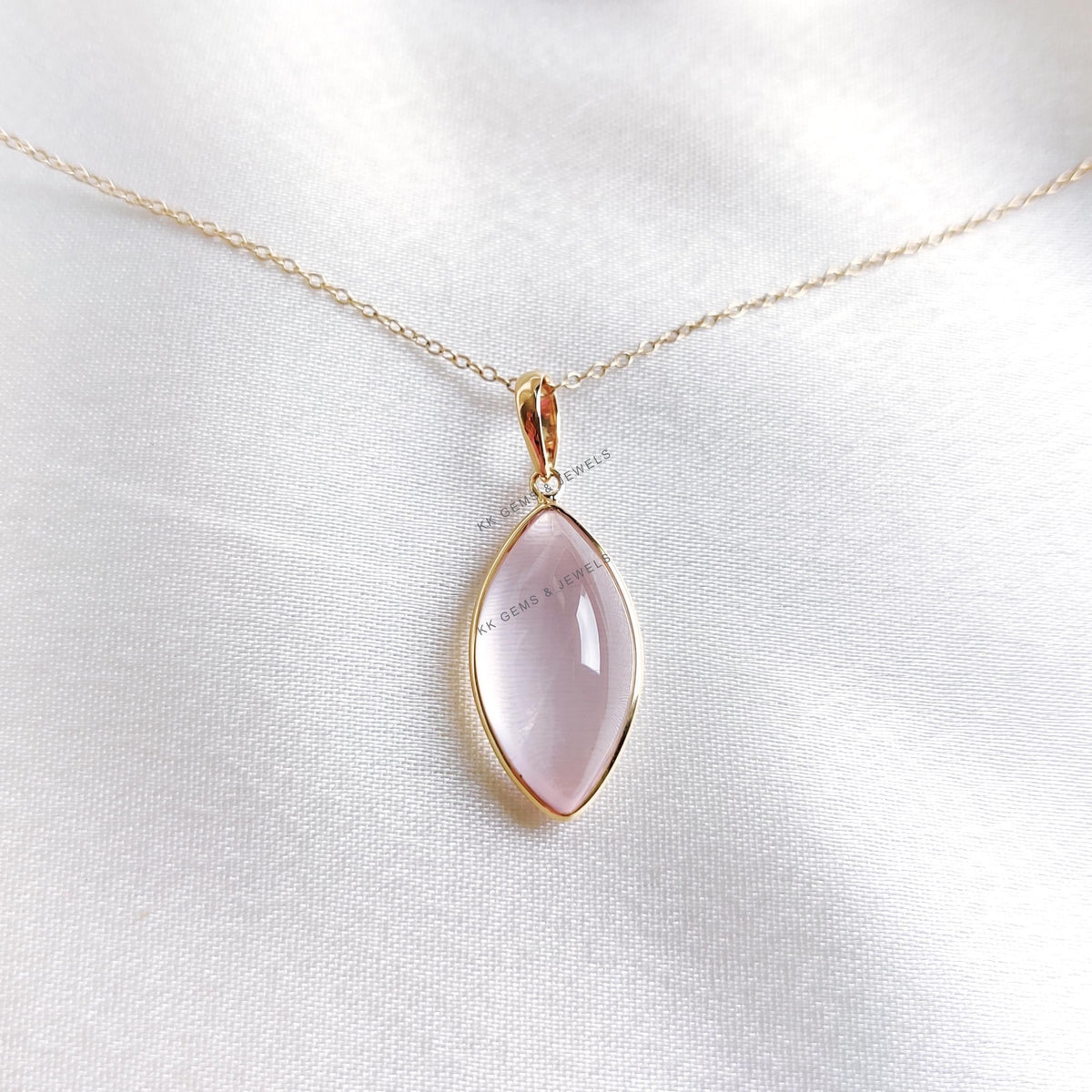 14K Solid Yellow Gold Natural Rose Quartz Marquise Pendant, January Birthstone