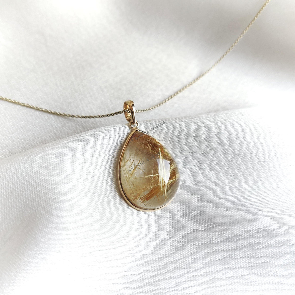 14K Solid Yellow Gold Natural Golden Rutile Pear Pendant, April Birthstone