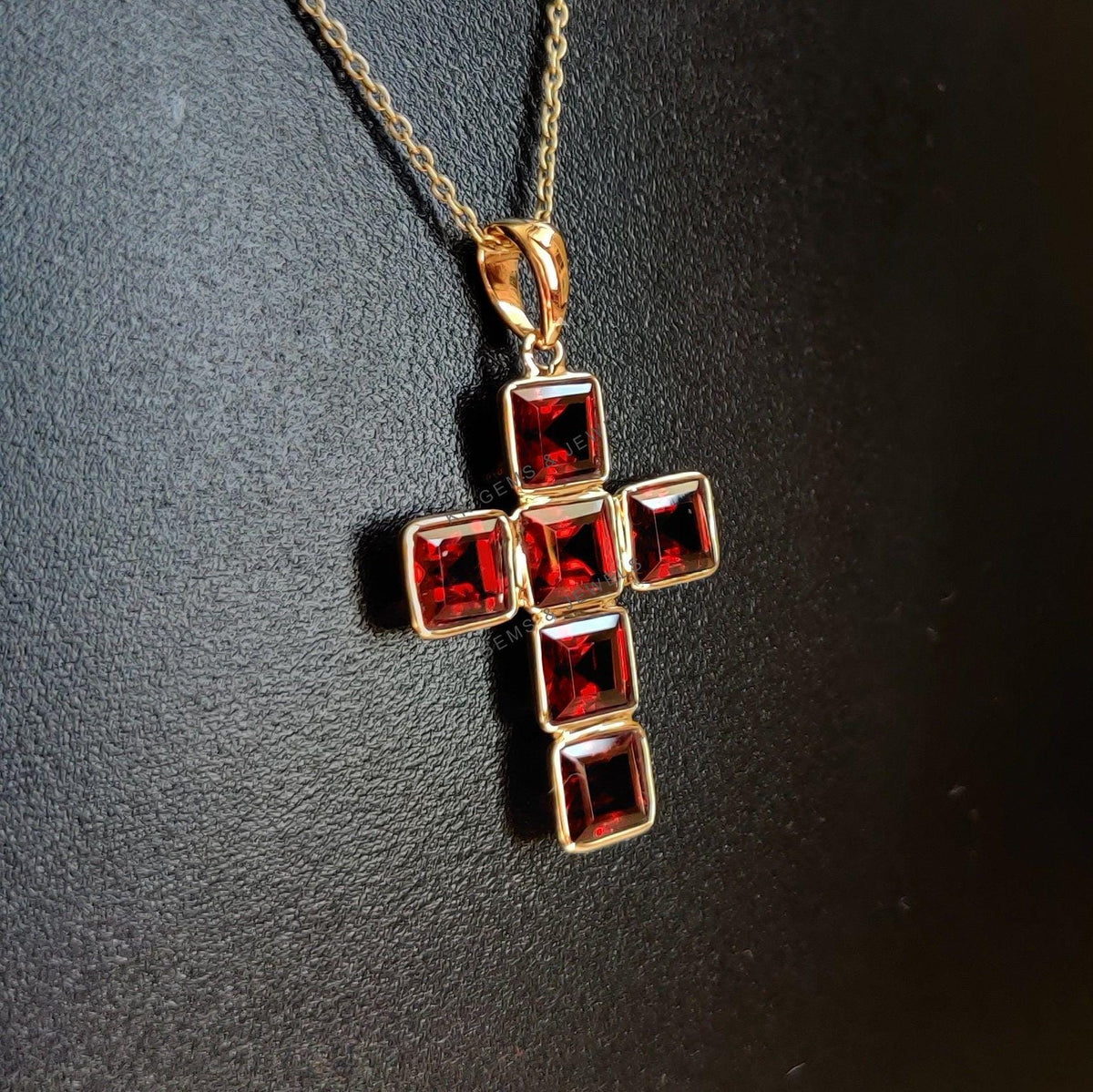 14K Solid Yellow Gold Natural Garnet Cross Pendant, January Birthstone Bezel Set