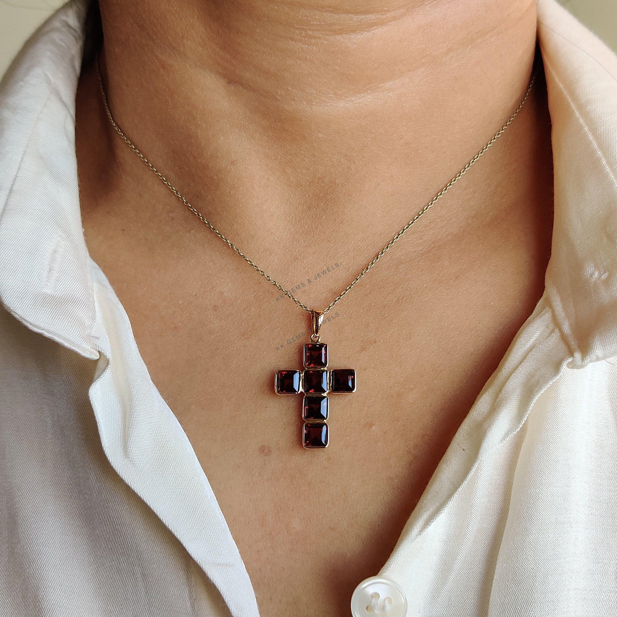 14K Solid Yellow Gold Natural Garnet Cross Pendant, January Birthstone Bezel Set