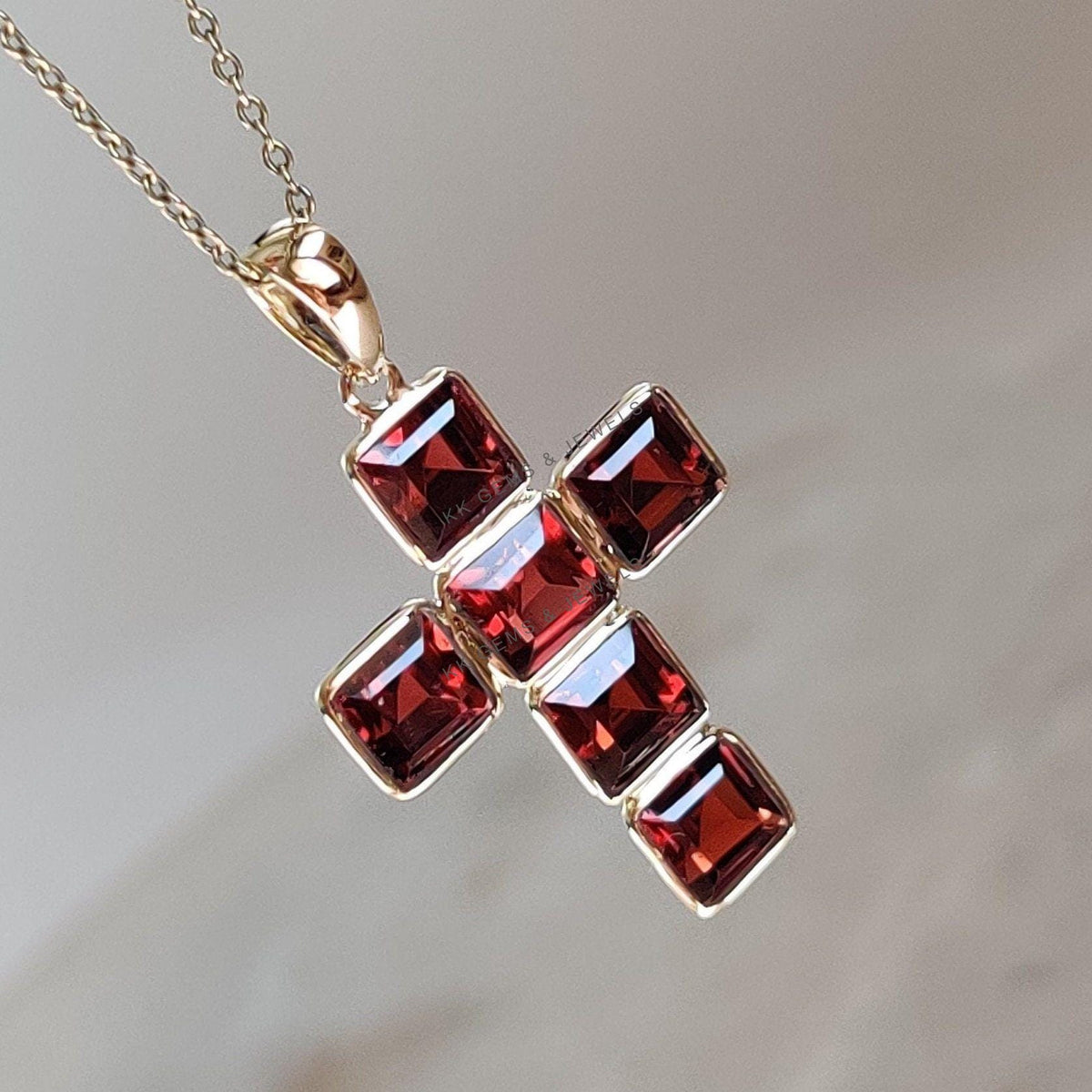 14K Solid Yellow Gold Natural Garnet Cross Pendant, January Birthstone Bezel Set