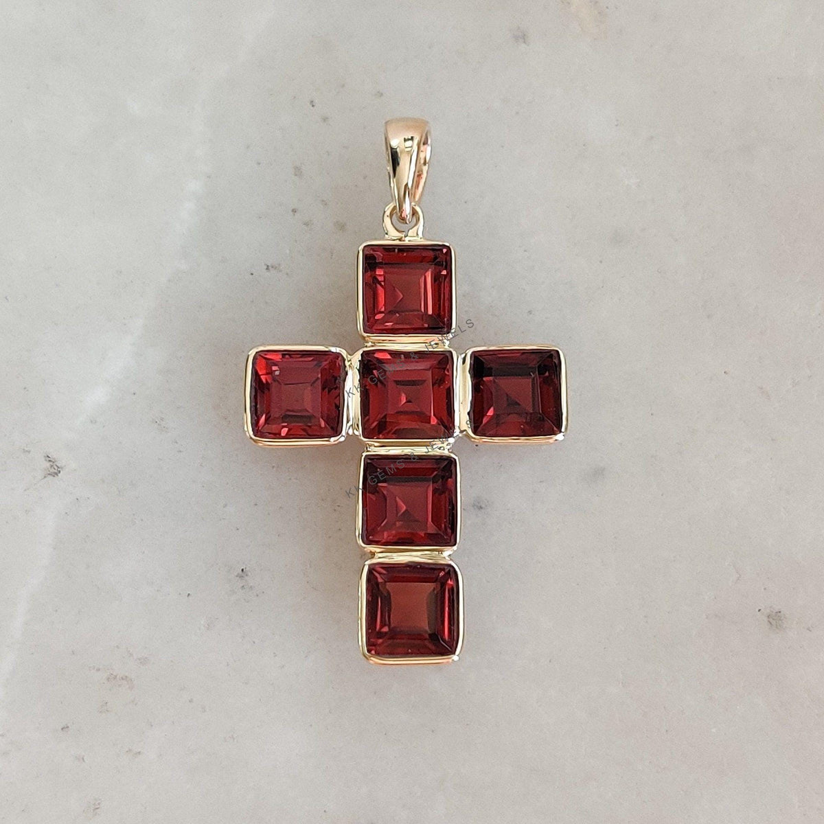14K Solid Yellow Gold Natural Garnet Cross Pendant, January Birthstone Bezel Set