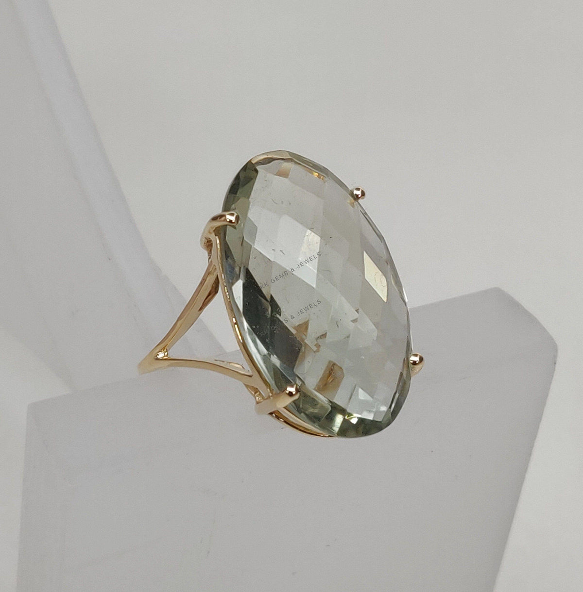 Natural Green Amethyst Ring, 14K Solid Yellow Gold Prong Oval Ring