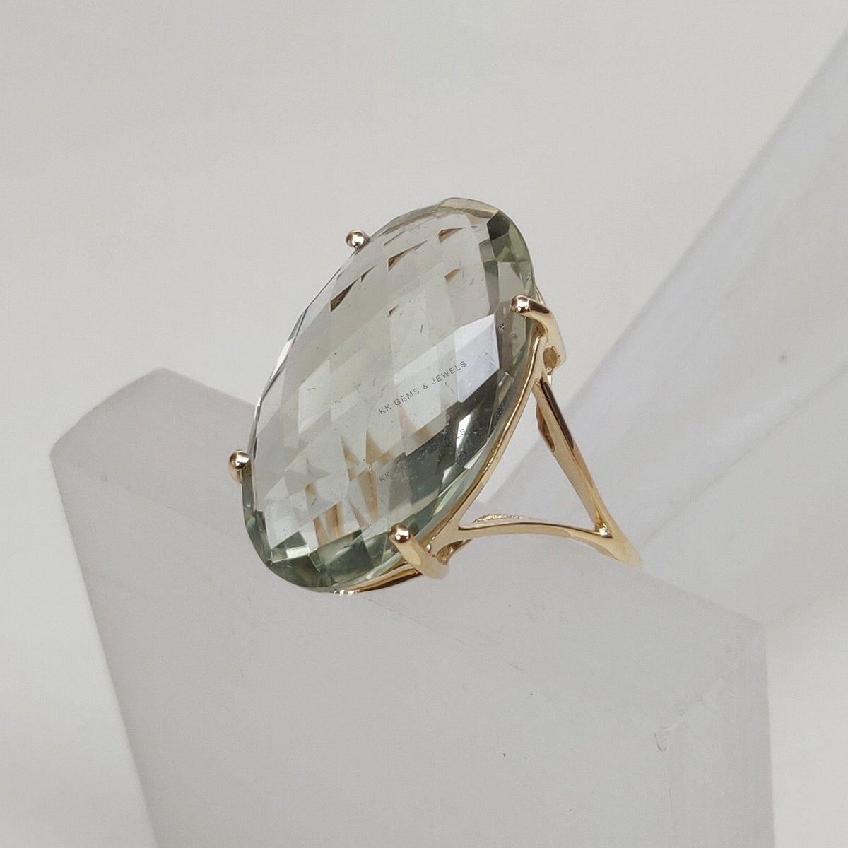 Natural Green Amethyst Ring, 14K Solid Yellow Gold Prong Oval Ring