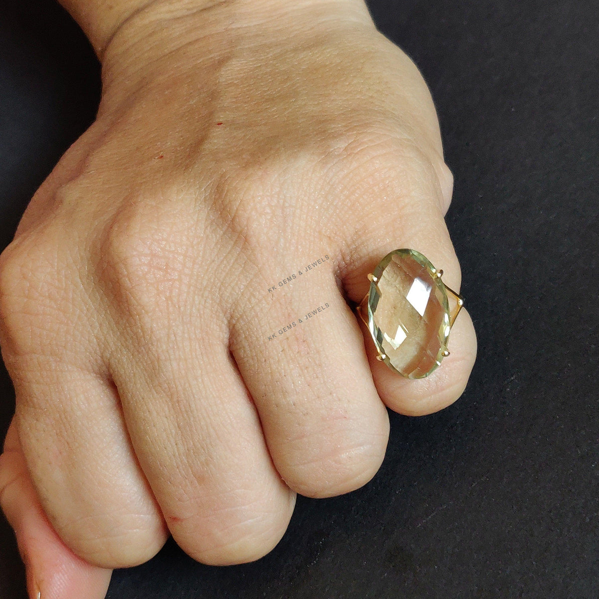 Natural Green Amethyst Ring, 14K Solid Yellow Gold Prong Oval Ring