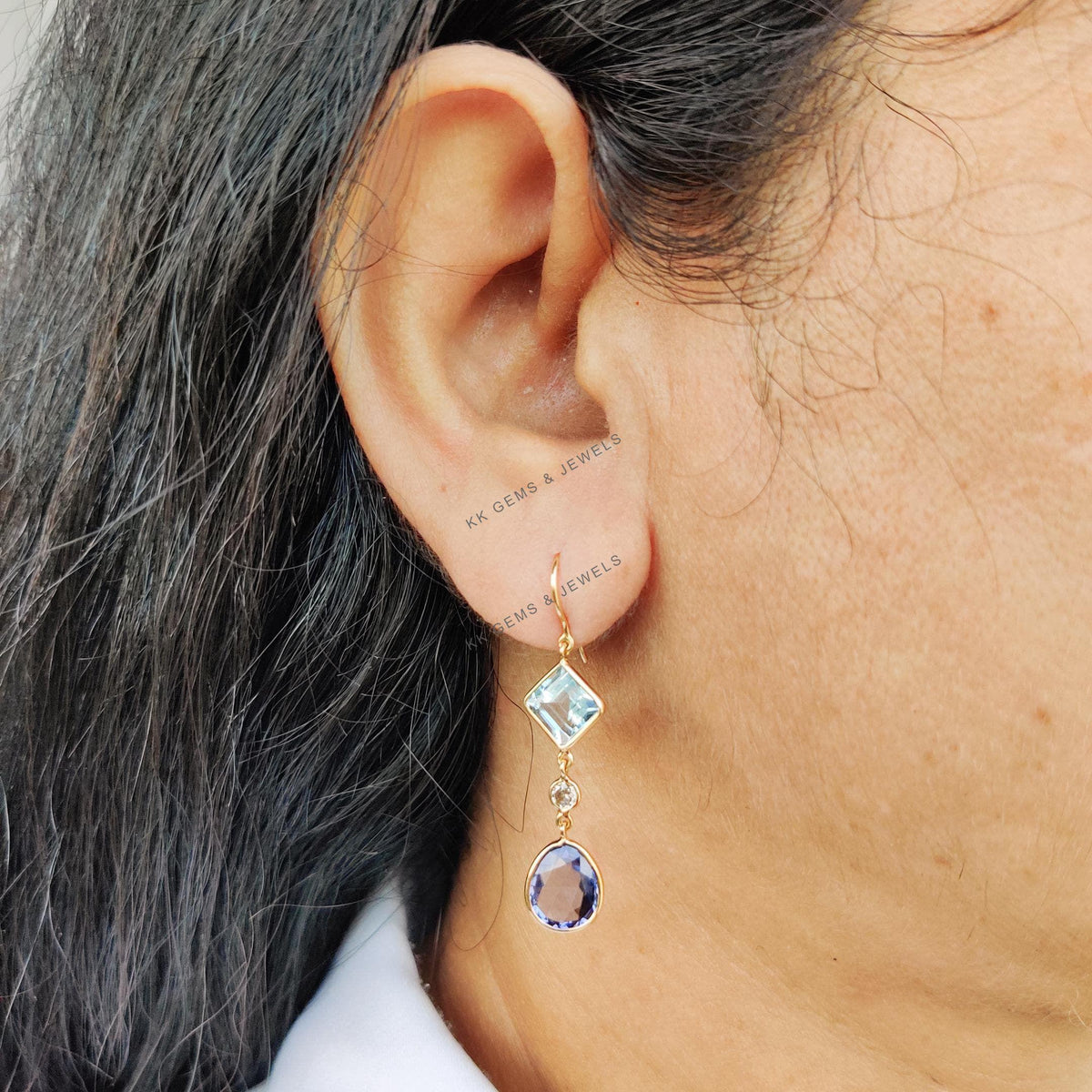 Natural Aquamarine & Diamond and Tanzanite 14K Solid Yellow Gold Dangle Earrings