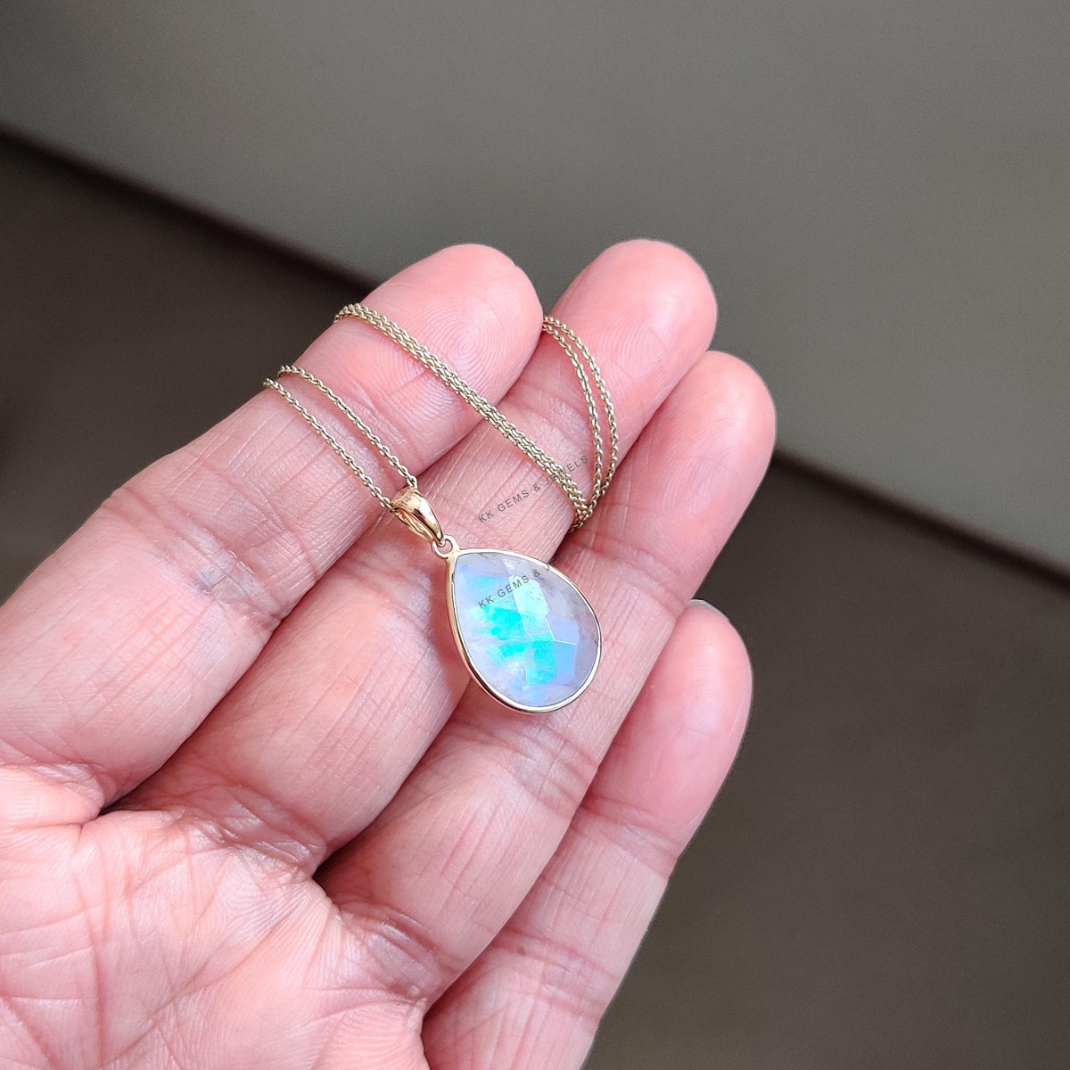 Natural Rainbow Moonstone Pendant: 14K Solid Yellow Gold Bezel, June Birthstone