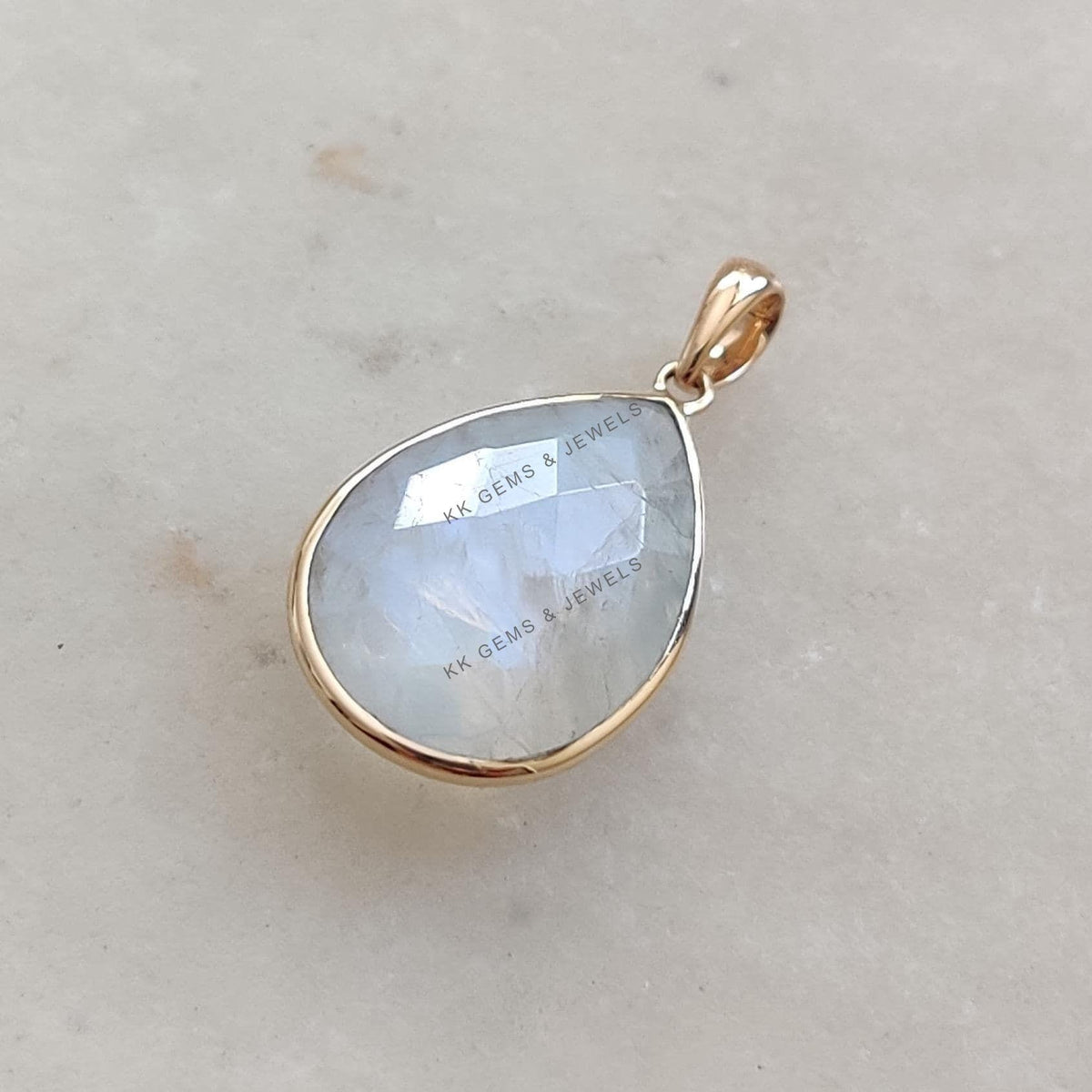 Natural Rainbow Moonstone Pendant: 14K Solid Yellow Gold Bezel, June Birthstone
