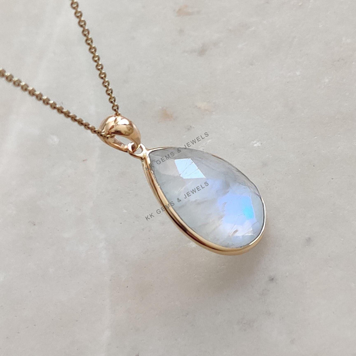 Natural Rainbow Moonstone Pendant: 14K Solid Yellow Gold Bezel, June Birthstone