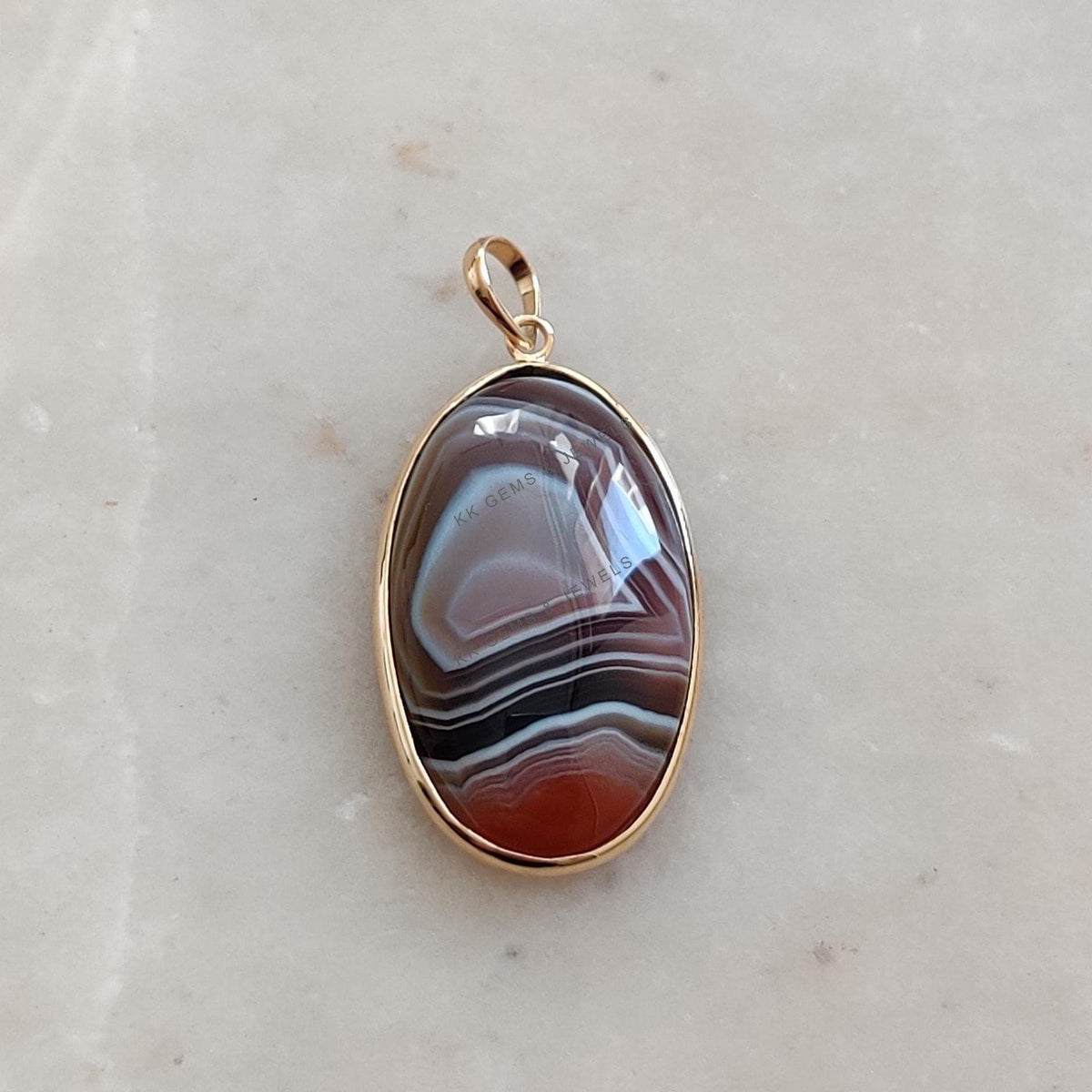 14K Solid Yellow Gold Natural Agate Pendant, Oval Cabochon, November Birthstone