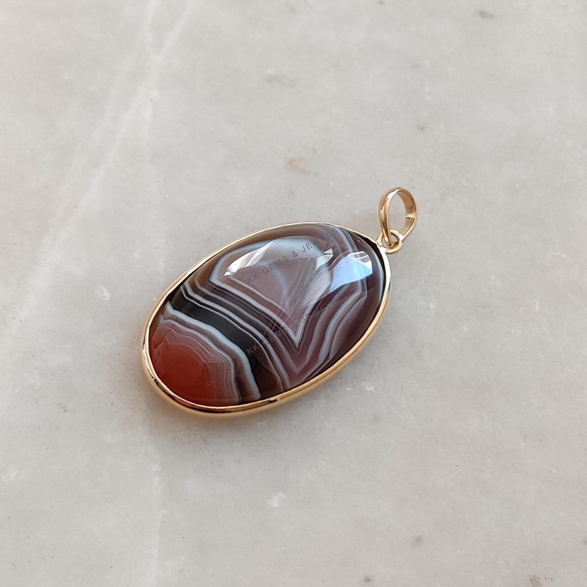 14K Solid Yellow Gold Natural Agate Pendant, Oval Cabochon, November Birthstone