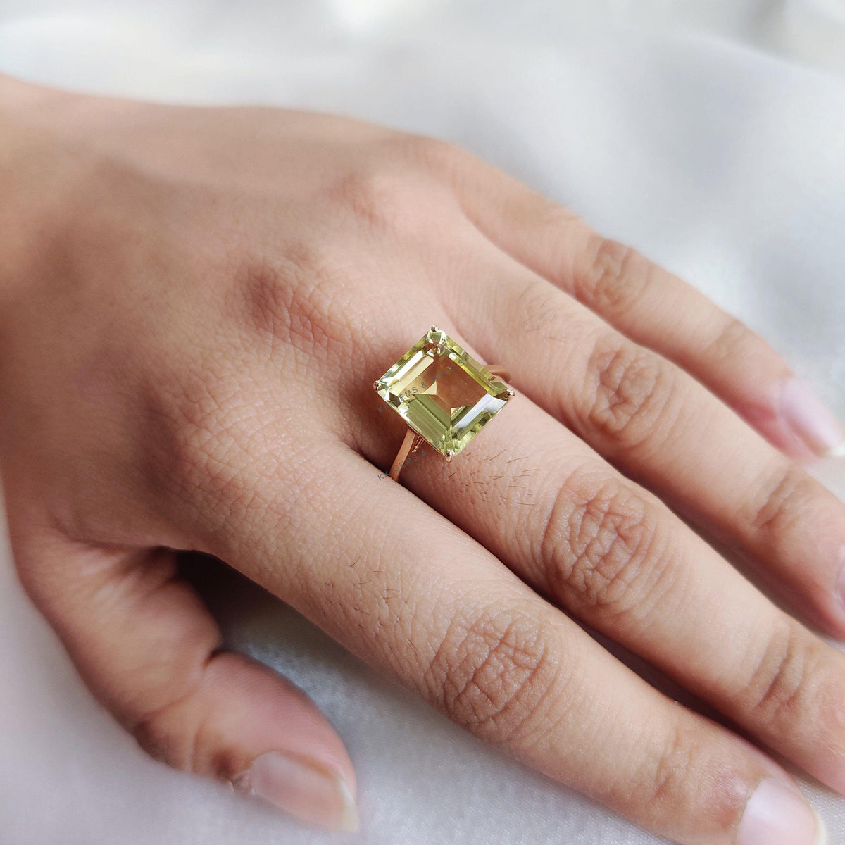 Emerald Cut Natural Lemon Topaz Ring, 14K Solid Yellow Gold, November Birthstone