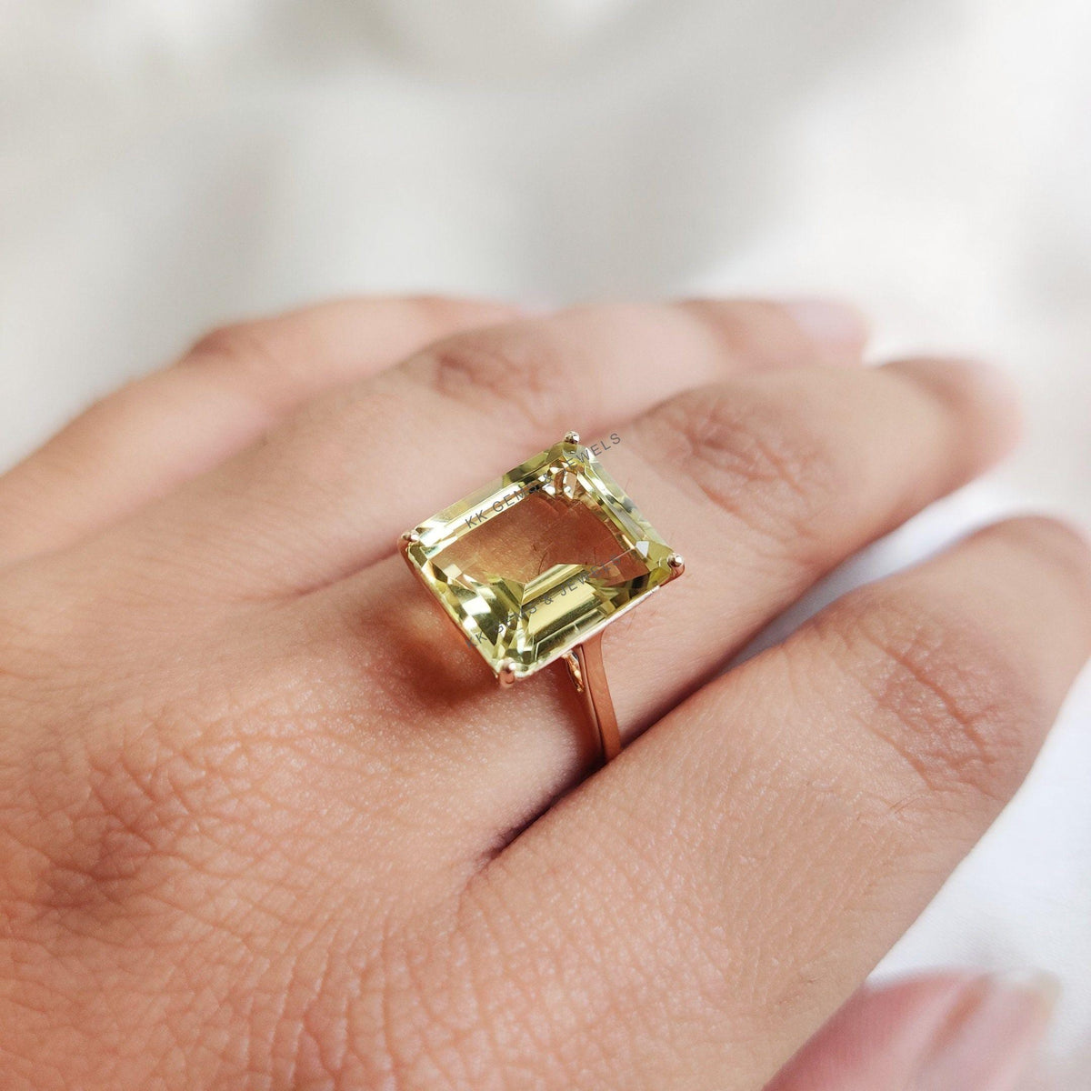 Emerald Cut Natural Lemon Topaz Ring, 14K Solid Yellow Gold, November Birthstone