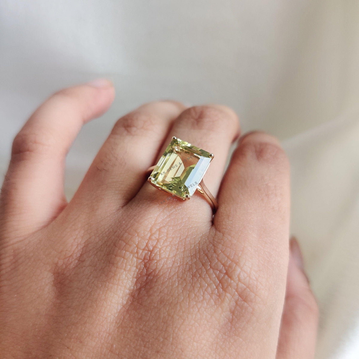Emerald Cut Natural Lemon Topaz Ring, 14K Solid Yellow Gold, November Birthstone