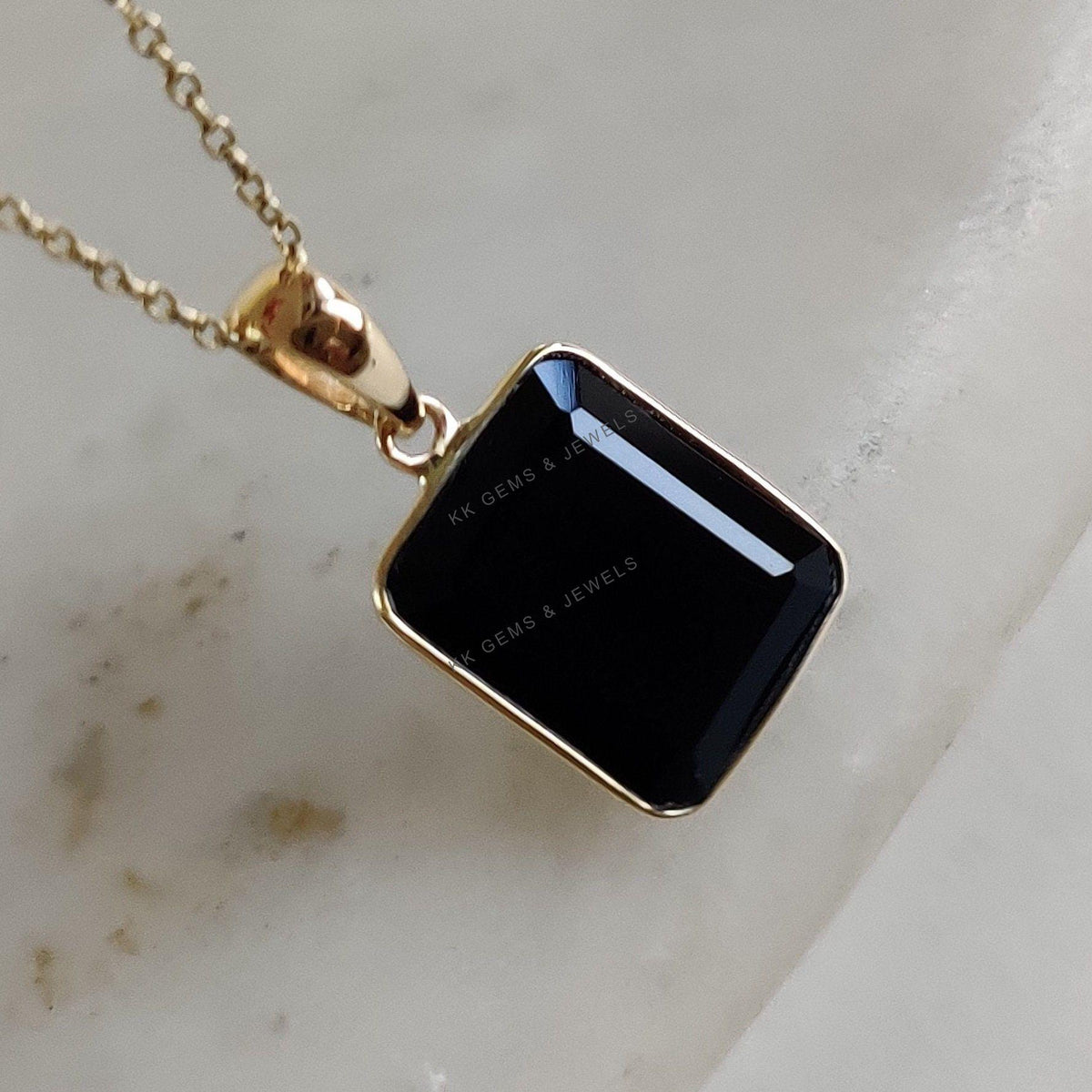 14K Solid Yellow Gold Natural Black Onyx Pendant, Bezel Pendant, December Birthstone, Christmas Present