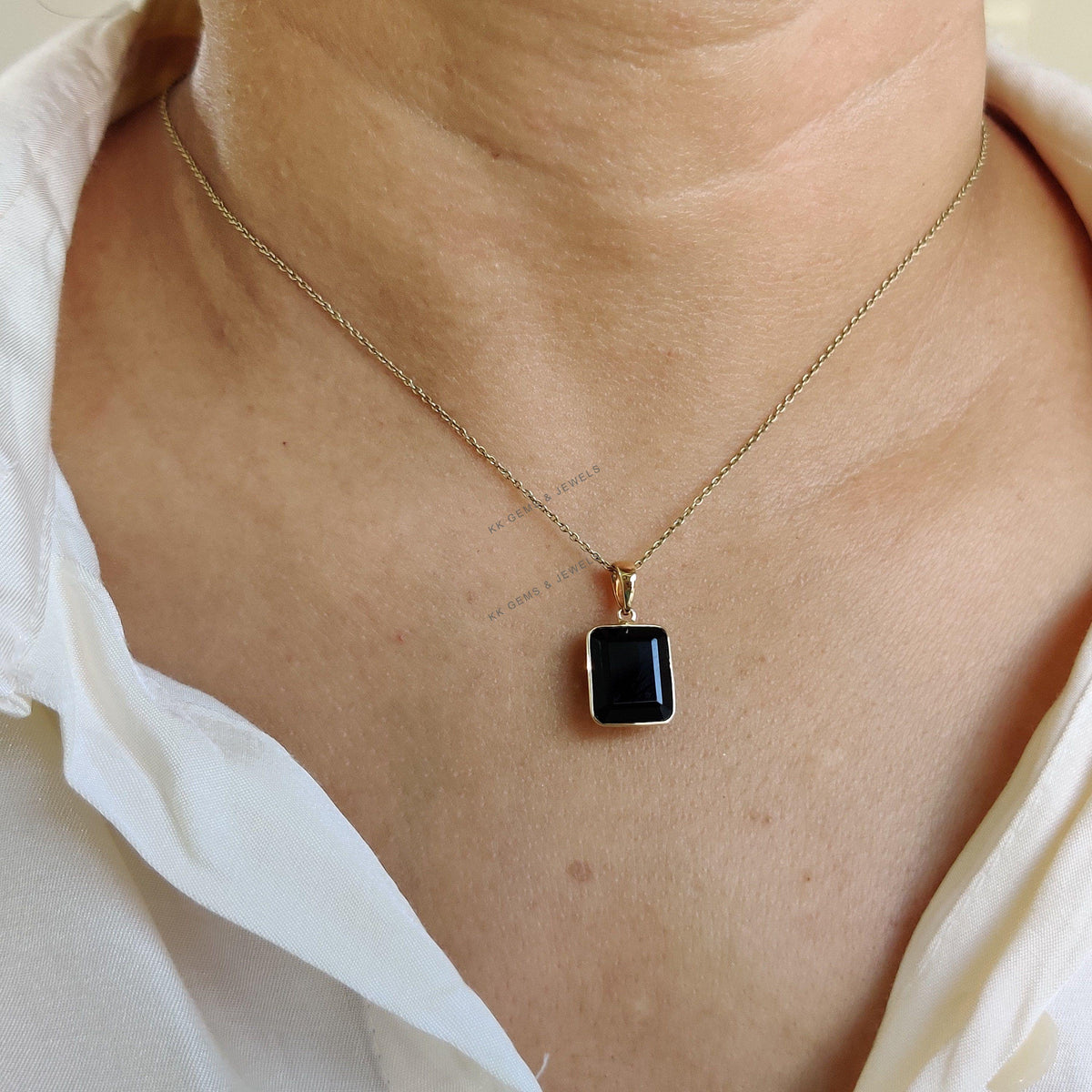 14K Solid Yellow Gold Natural Black Onyx Pendant, Bezel Pendant, December Birthstone, Christmas Present